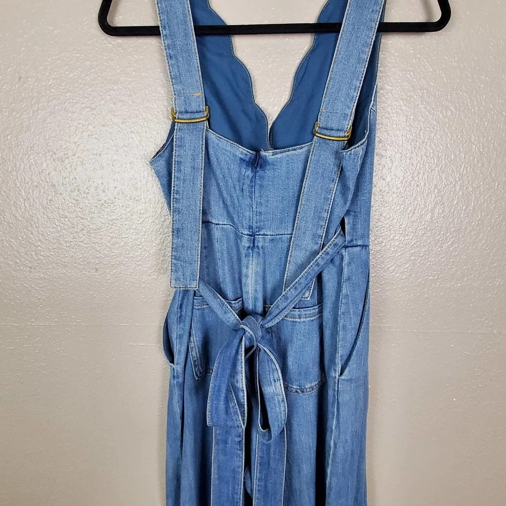 Pilcro by Anthroplogie Lydia Blue Denim Scallop Wrap Wide Leg Jumpsuit 2 - Picture 5 of 8